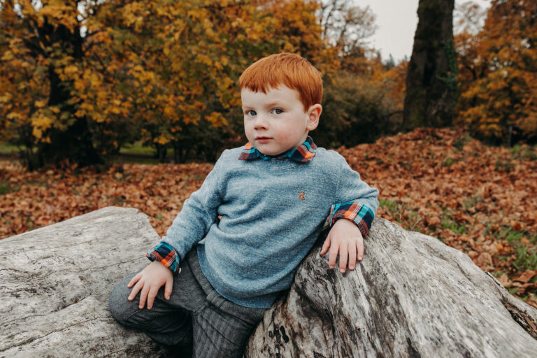 The bright blue eyes of a young boy stare into the camera, his shock of red hair echoing the auburn autumn leaves around him.