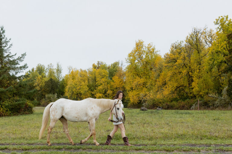 A young woman in white affectionately leads her white horse through a forest glade.